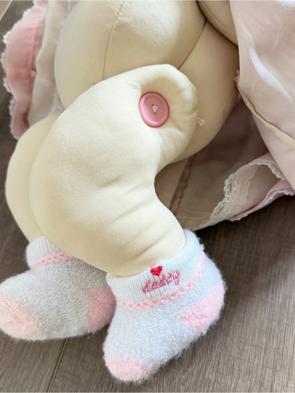 Vintage Handcrafted Soft Sculptured Old Doll Pink Dress Bonnet 21” Socks Daddy